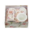 kubek porcelanowy z zaparzaczem i pudełkiem ozdobnym w kwiaty
