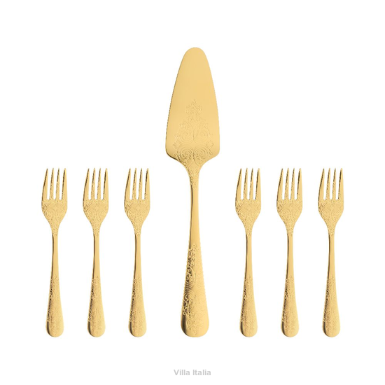 Zestaw złotych widelczyków do ciasta z łopatką 