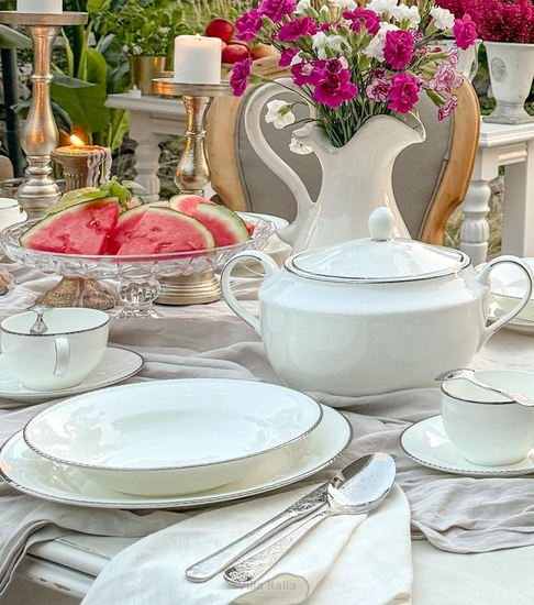 zastawa stołowa z porcelany kostnej z platynową linią