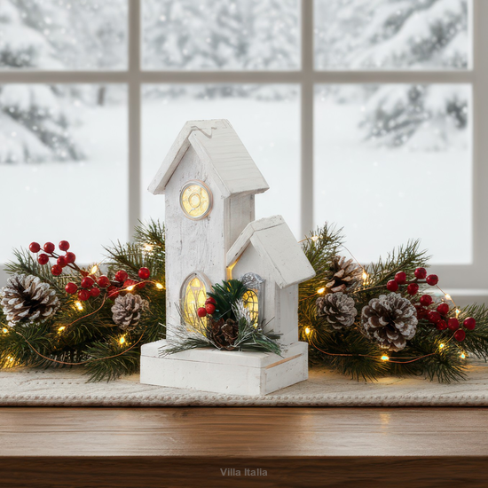 ozdoby bożonarodzeniowe, stroik świąteczny domek LED