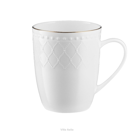 elegancki kubek porcelanowy ze złotym zdobieniem i reliefem