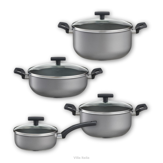 Zestaw garnków z pokrywkami 8 elementów GREY Komplet garnków nieprzywierających z rondelkiem