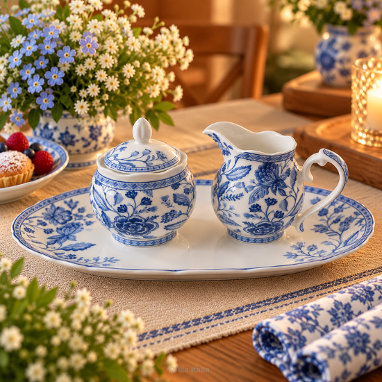 Zestaw serwingowy do herbaty – mlecznik, cukiernica i tacka porcelanowa