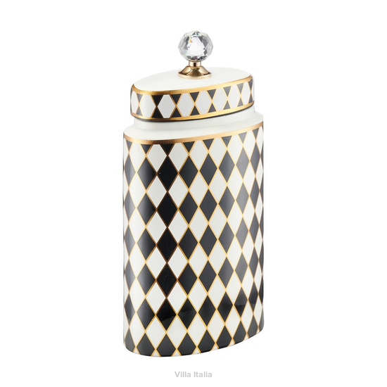 Wysoki pojemnik dekoracyjny ceramiczny czarno-biały z kryształowym uchwytem