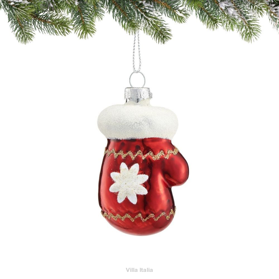 Bombka rękawiczka biało czerwona z brokatem