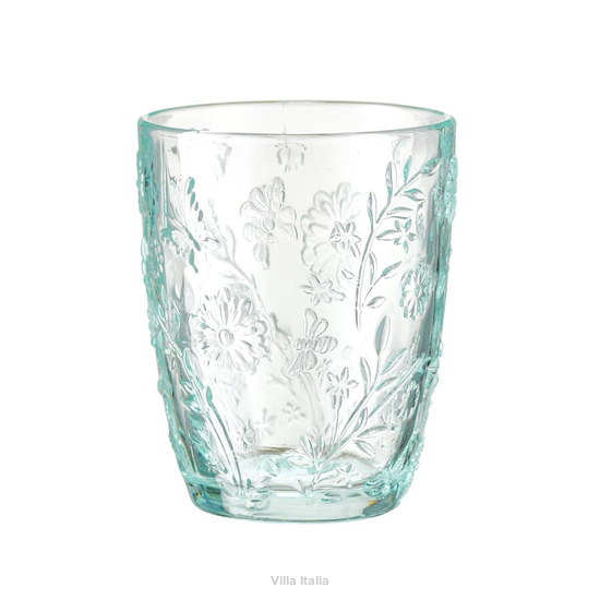 Szklanka z barwionego szkła, z tłoczonym wzorem kwiatowym