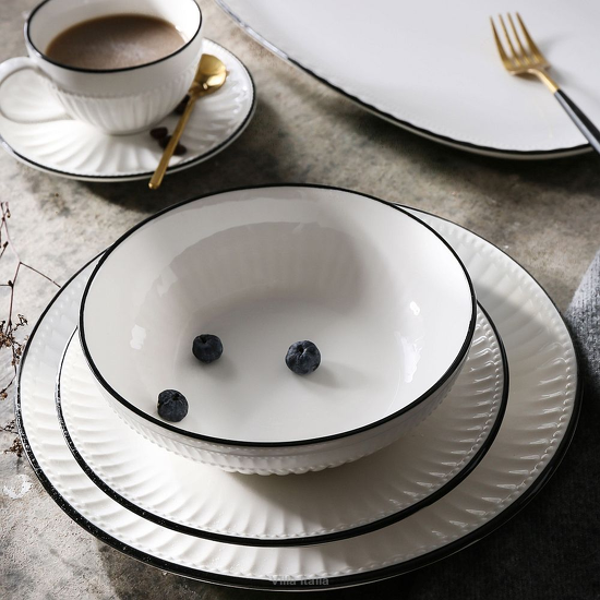 elegancki serwis obiadowy porcelanowy biały z czarną obwódką na stół Villa Italia