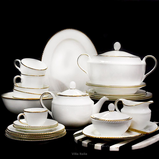  zestaw obiadowy i kawowy z porcelany kostnej ze złotą linią