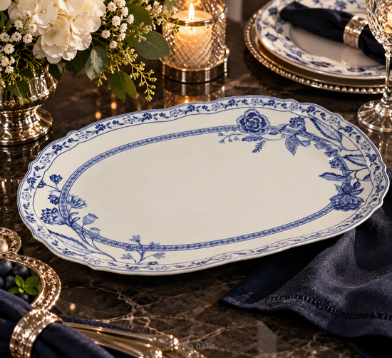 Półmisek porcelanowy owalny 35 cm – biało-niebieski wzór kwiatowy