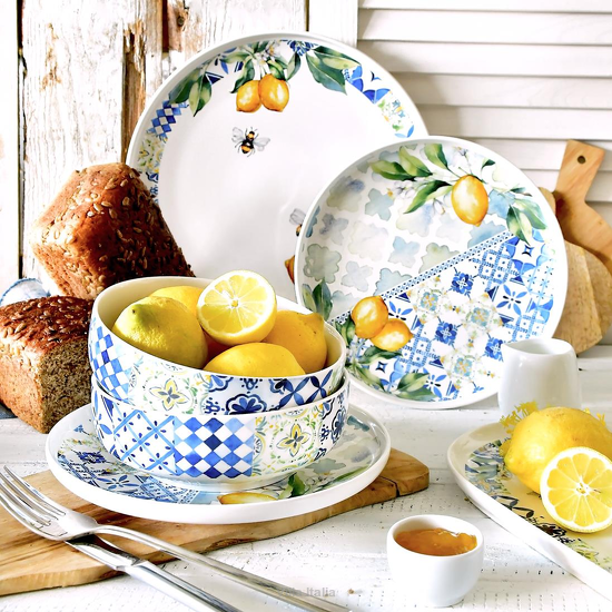 Porcelanowy serwis obiadowo-kawowy dla 12 osób z motywem cytryn
