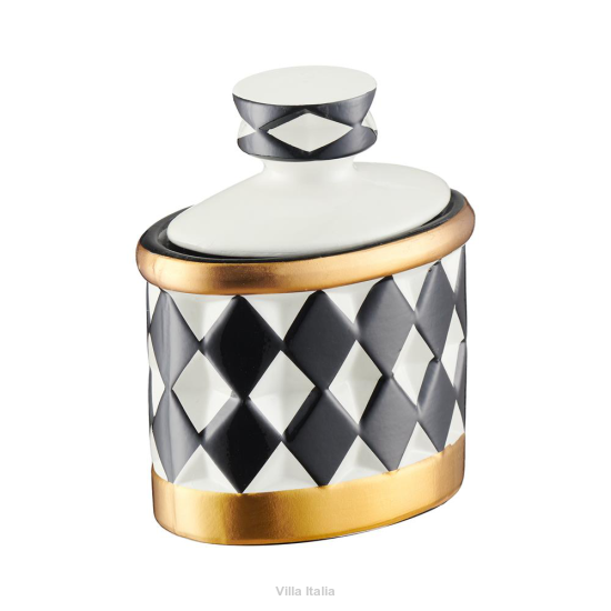 pojemnik dekoracyjny ceramiczny czarno-biały 17 centymetrów, zdobiony złotem