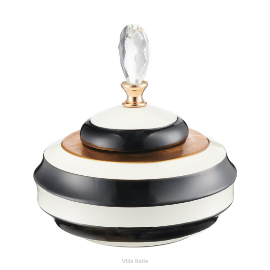 Elegancki pojemnik dekoracyjny ceramiczny w paski czarno-białe z kryształowym uchwytem