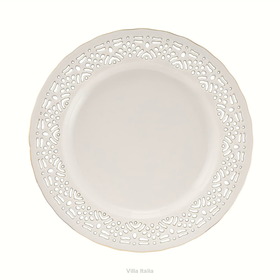 Elegancki talerzyk do ciasta z kremowej porcelany z ażurowym wzorem