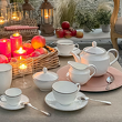 elegancka biała porcelana na stole w ogrodzie, filiżanka do kawy, mlecznik, dzbanuszek i duży czajnik