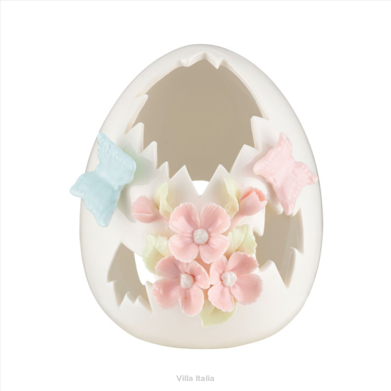 Jajko wielkanocne porcelanowe zdobione różowymi kwiatkami i motylkami,  Lampion na tealight
