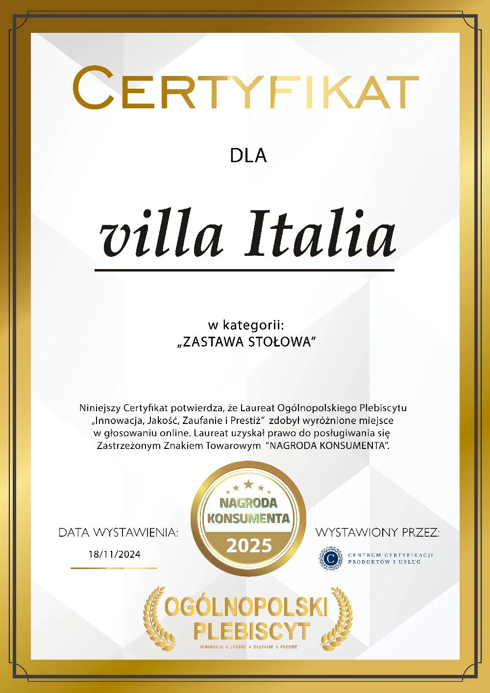 Certyfikat Nagroda Konsumenta 2025 w kategorii Zastawa stołowa – Villa Italia