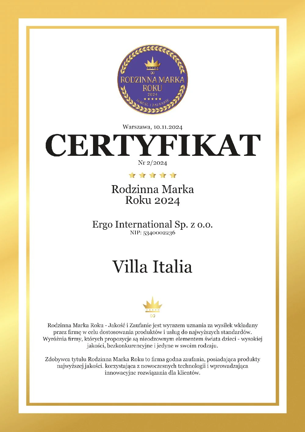 Certyfikat Rodzinna Marka Roku 2024 dla Villa Italia