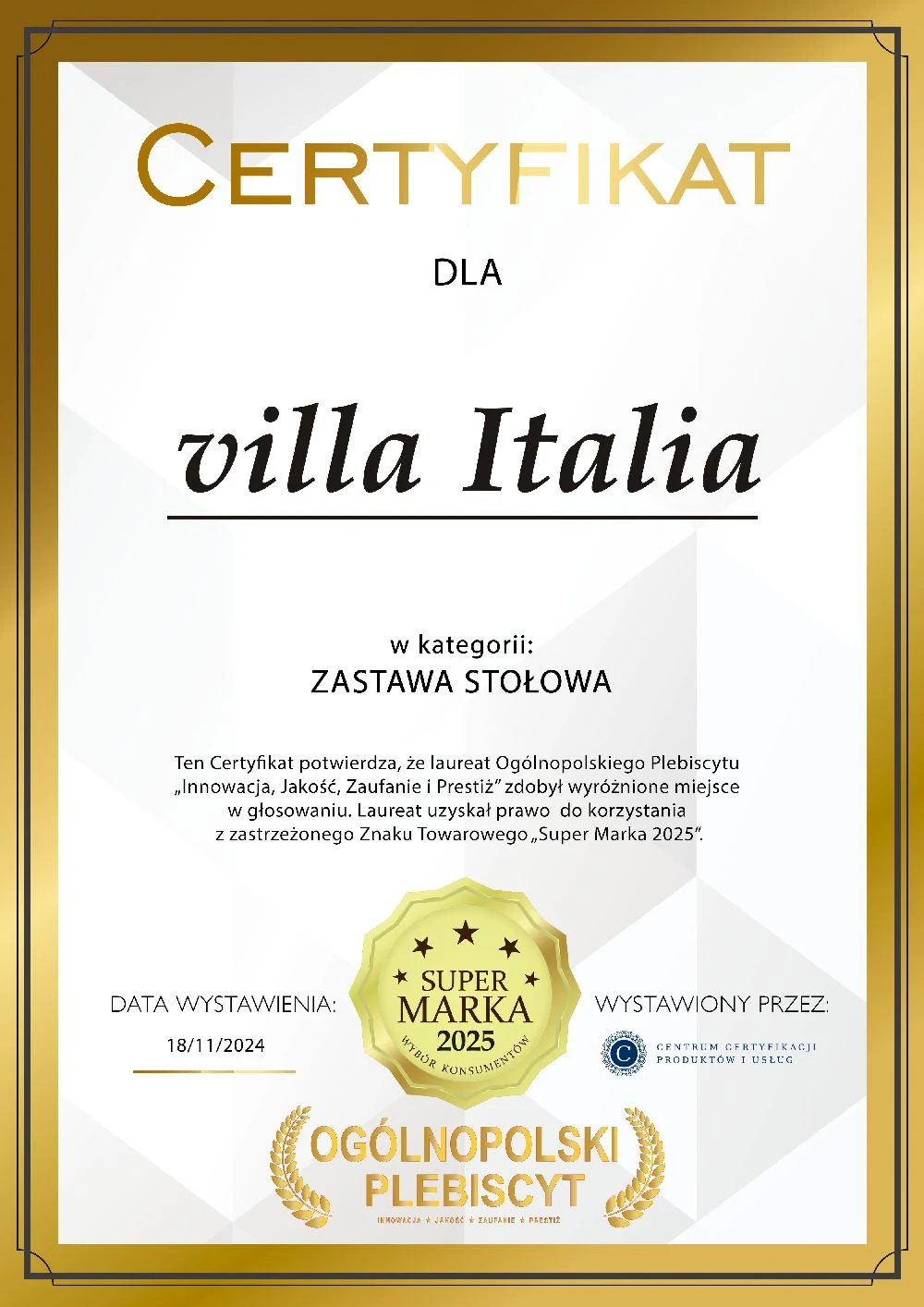 Certyfikat Super Marka 2025 w kategorii Zastawa stołowa – Villa Italia