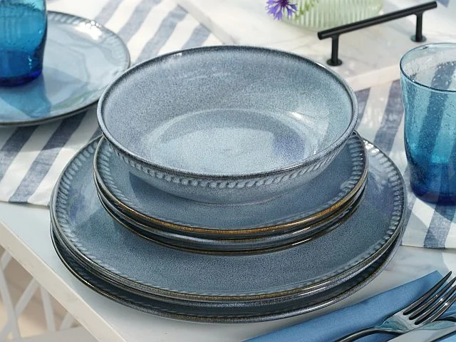Komplet talerzy ceramicznych niebieskich DENIM na 6 osób – rustykalna zastawa stołowa