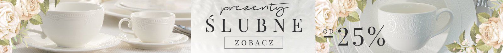Zastawa i dekoracje na prezent ślubny z rabatem - baner reklamowy