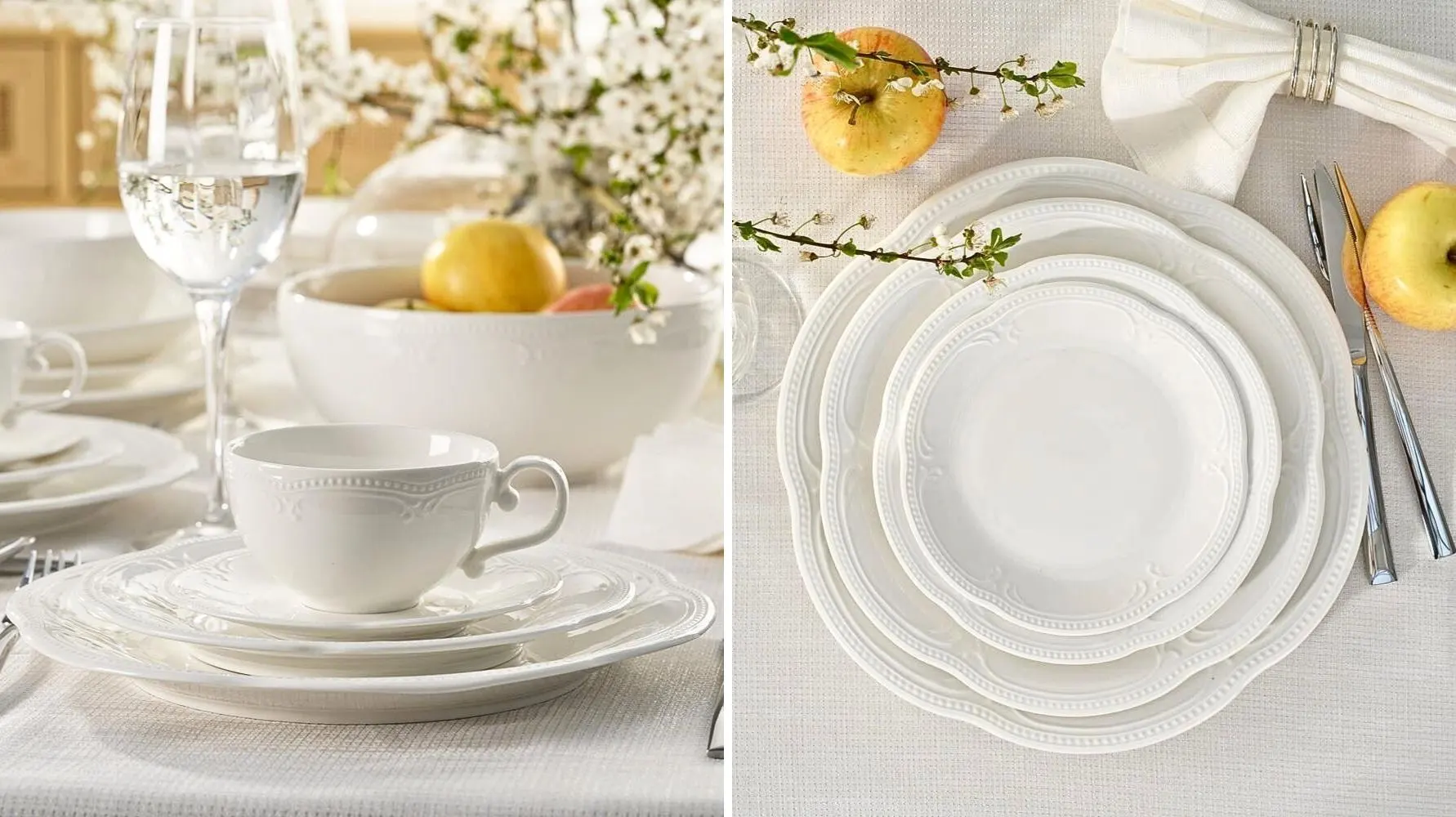 Zastawa porcelanowa z reliefem na obrzeżu i kwiatowym kształtem talerzy