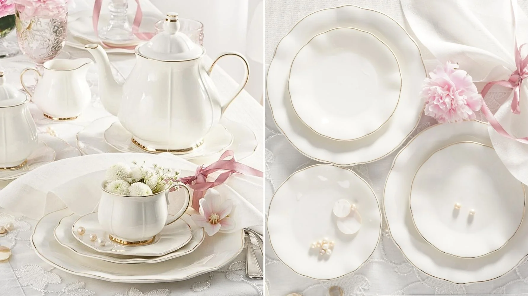 Zastawa porcelanowa SANDRINE - zdobiona złotem, o falowanych kształtach